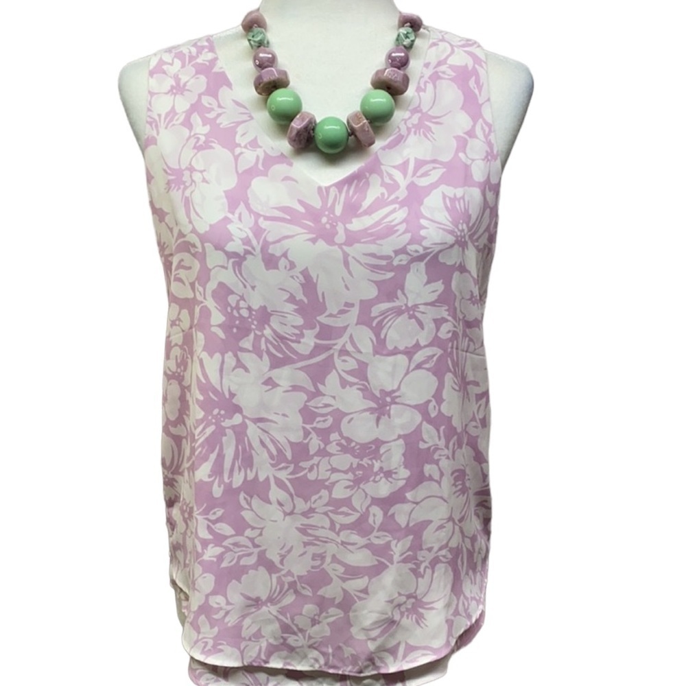 Ann Taylor V Neck Floral Pink Sleeveless Blouse